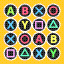 16 circular controller prompt buttons arranged in a 4x4 grid on a gold background. The buttons have colorful glyphs: letters A, B, X, Y and symbols cross (×), circle (○), square (□), triangle (△). Each 2x2 section of the grid has buttons grouped by platform: Xbox, PlayStation, and Nintendo.