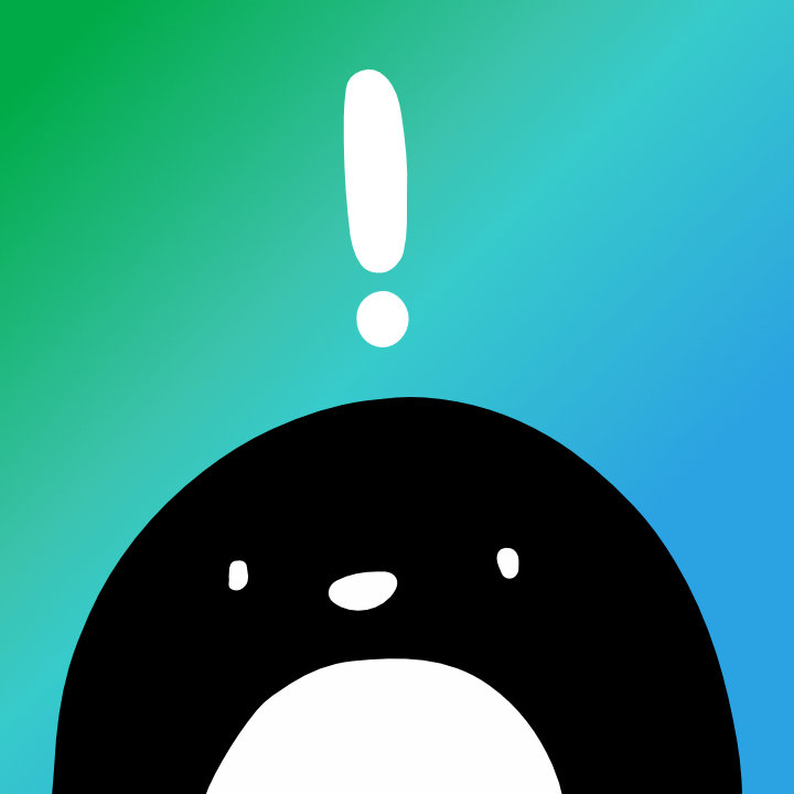 Originally created by marurun for Pixelguin
All rights reserved
❗
🐧 Peng, the avatar used by Pixelguin. A simple flat drawing of a penguin with a white exclamation mark over its head. The background is a smooth diagonal gradient, moving from green in the top left through cyan, ending in azure in the bottom right.