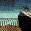 An illustration of a dark silhouette of a person on horseback perched atop a high, rocky cliff. Below, an enormous elevated bridge stretches across a desert, casting dramatic shadows. The background features a textured sky, with a gradient from a deep, dark blue at the top to a pale teal near the horizon.